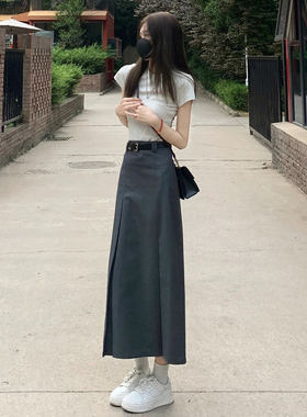 高腰灰色西装半身裙女春季学院风宽松遮肚直筒裙垂感显瘦中长裙子