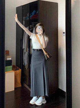 春季韩系高级感灰色百褶西装裙女垂感质感半身裙中长款a字长裙子