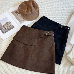 欧货棕色麂皮绒半身裙女防走光短裙秋冬新款 百搭微胖mm显瘦包臀裙