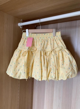 气质温柔风黄色碎花花苞裙蝴蝶结半身裙女大码胖m高腰显瘦a字短裙