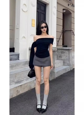 灰色时尚假两件西装半身裙女微胖mm百搭春季新款复古裤裙包臀裙子