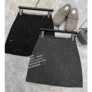 灰色加厚亮片闪闪毛呢半身裙女秋季高腰a字包臀格雷系miu呢子短裙