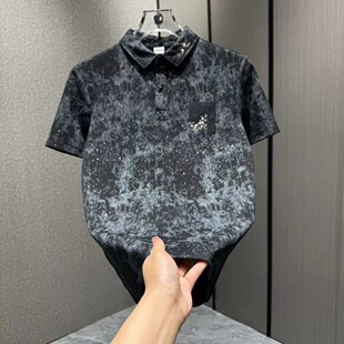 欧货轻奢个性扎染满天星烫钻刺绣短袖POLO衫男士时尚痞帅修身上衣