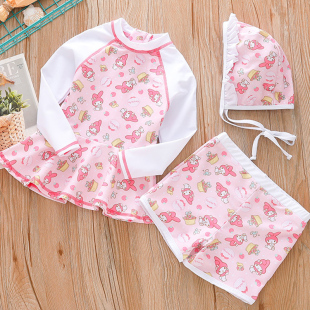 公主宝泳帽三件套中小童海边防晒泳装 新款 女童泳衣分体长袖