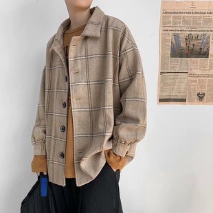 毛呢大衣男呢子外套短款港风ins潮流宽松秋冬帅气格子夹克男学生