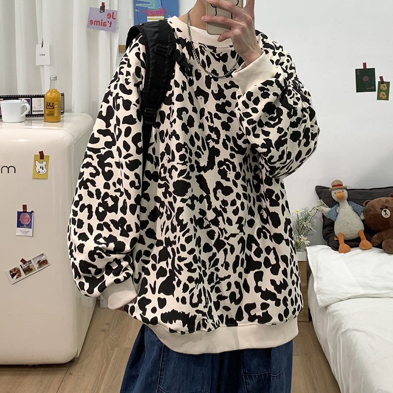 豹纹设计感炸街卫衣男潮牌ins痞帅2022新款叠穿打底衫欧美ins上衣