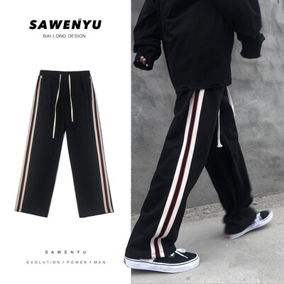 秋季卫裤男宽松直筒潮牌条纹运动裤高街ins韩版潮流男休闲长裤子