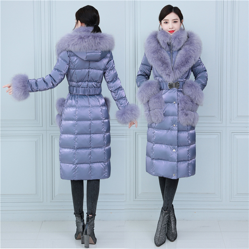 真狐狸大毛领免洗亮面皮草长款羽绒服女2023新款爆款过膝加厚鸭绒
