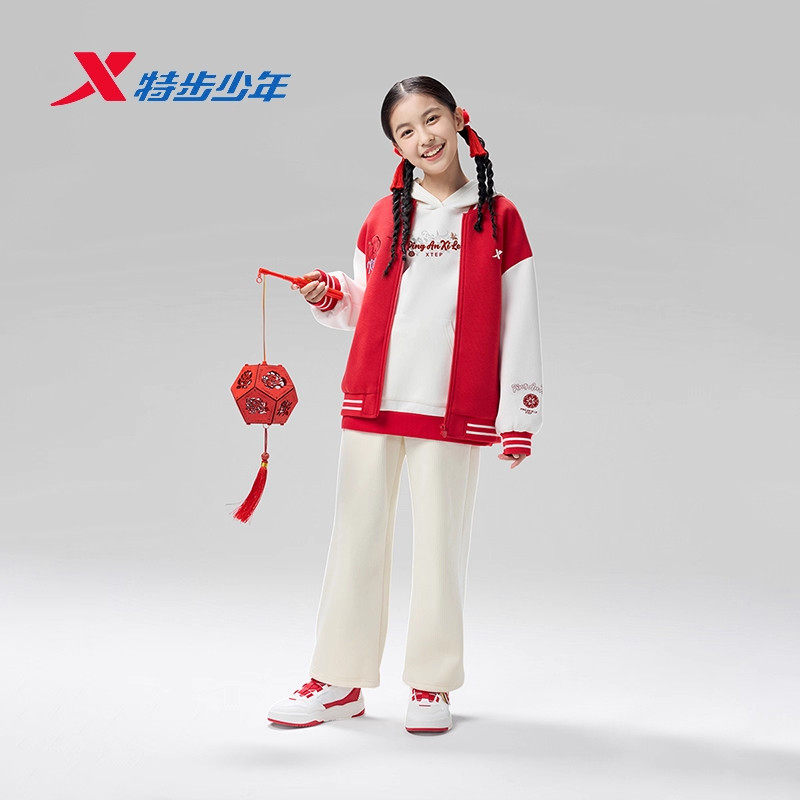 特步儿童棒球服外套女大童2026春季新款宽松休闲卫衣674124064043