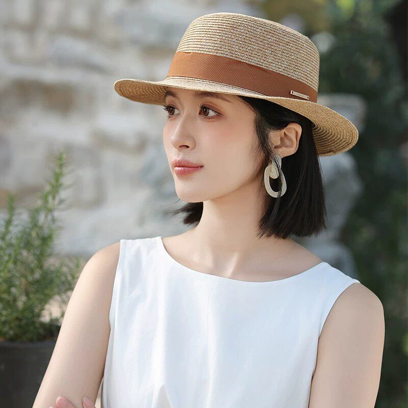 英伦风草帽女士2026夏季新款遮太阳防晒时尚优雅平顶礼帽子小头围