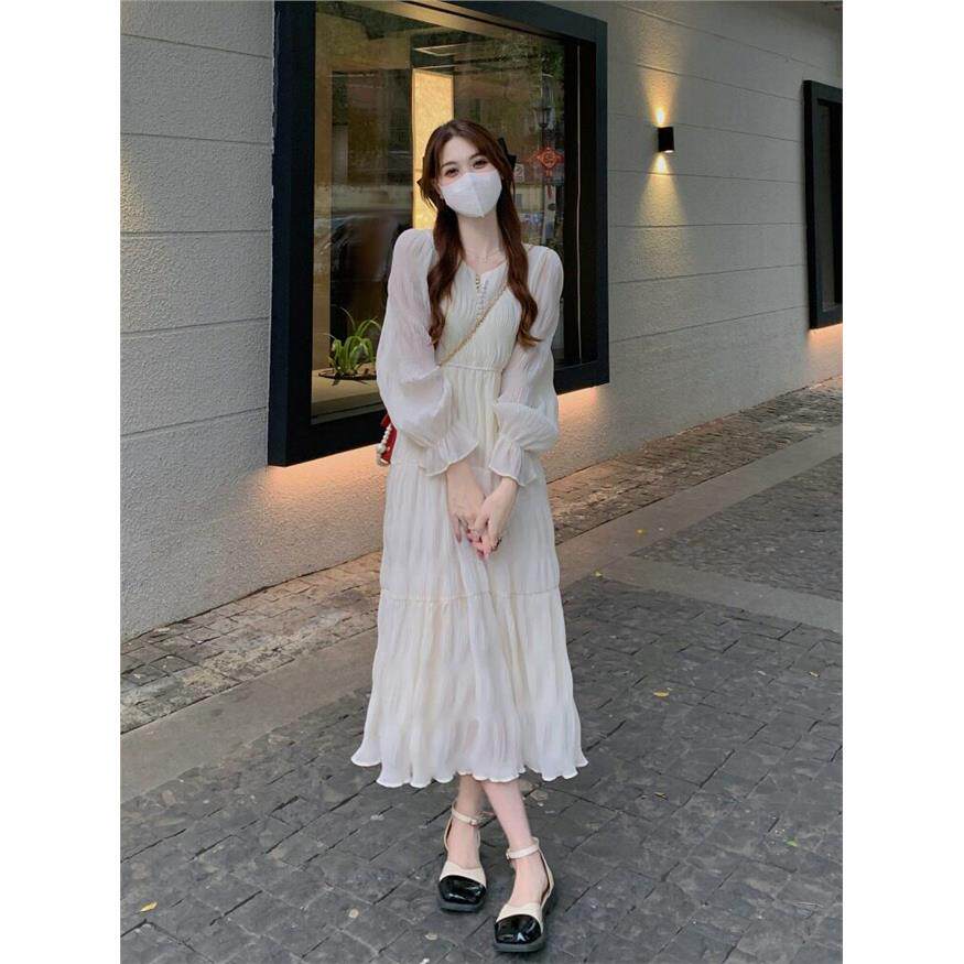 法式白色雪纺长袖洋装女