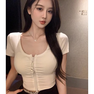 女字母双拉链紧身上衣 开衫 短款 设计感纯欲风小众t恤女夏甜辣短袖