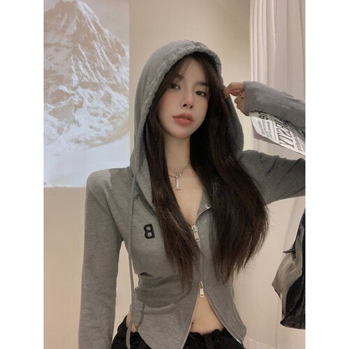 连帽短款外套女V领拉链紧身长袖