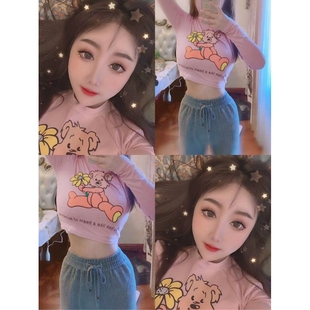 露脐长袖 小熊T恤女2020新款 粉色紧身秋冬短款 内搭打底衫 上衣t 修身