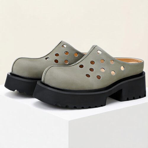 广州村哥迪郎轻奢丝绸绒面头层牛皮半拖男厚底包头镂空透气凉皮鞋