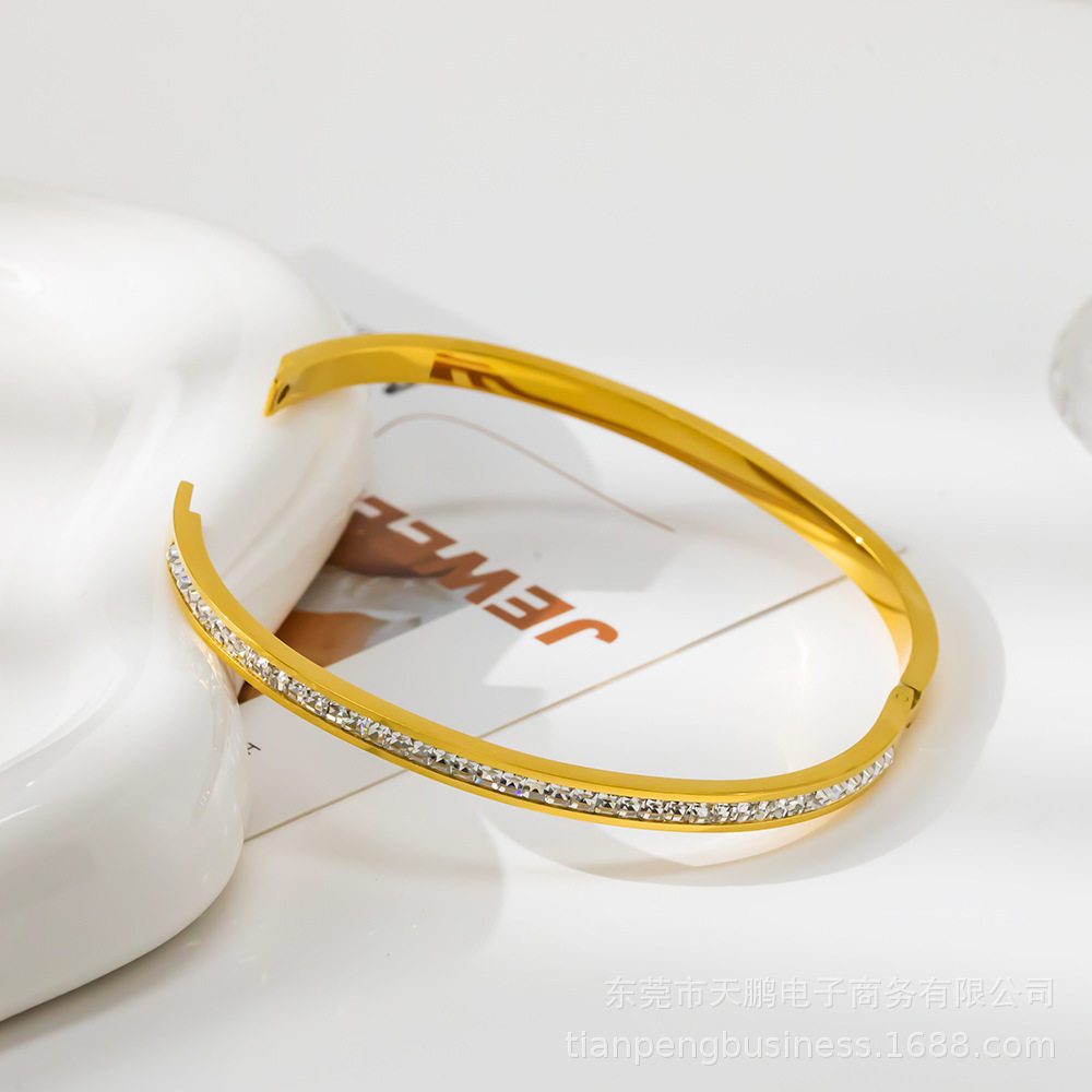 抖音小红书韩版时尚饰品 欧美气质单排手环 窄版满钻卡扣钛钢手镯