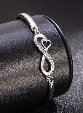 日韩镶钻玫瑰金银色桃心交叉8字爱心刻字手链女潮流手环时尚手镯