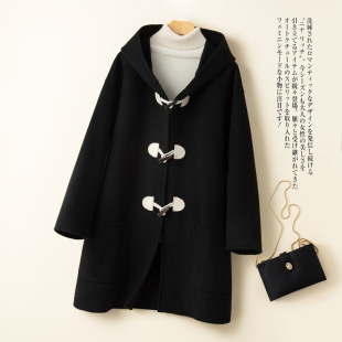 双面羊毛大衣女中长款小个子连帽带帽牛角扣韩版宽松羊毛呢子外套
