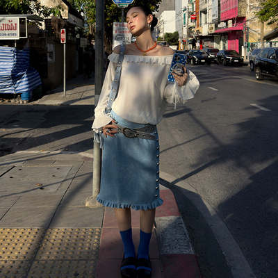 「 2.27春夏新品 」SUUZOUU浪漫荷叶领氛围感斜肩长袖衬衫 26T077