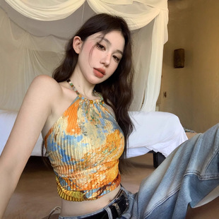 小香风夏装上衣黄色油画挂脖吊带设计感小众外穿度假辣妹穿搭背心