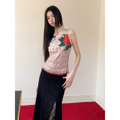 实拍现货弹力印花网纱双层旗袍上衣