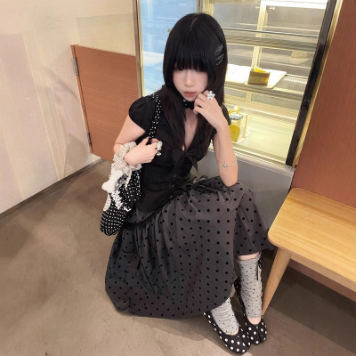 松紧腰有内衬口袋韩系复古波点半身裙女夏季千禧辣妹宽松