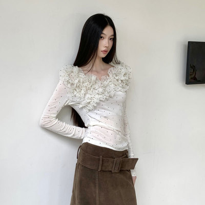 t恤女设计感小众波点木耳边弹力低领长袖打底衫修身显瘦百搭上衣