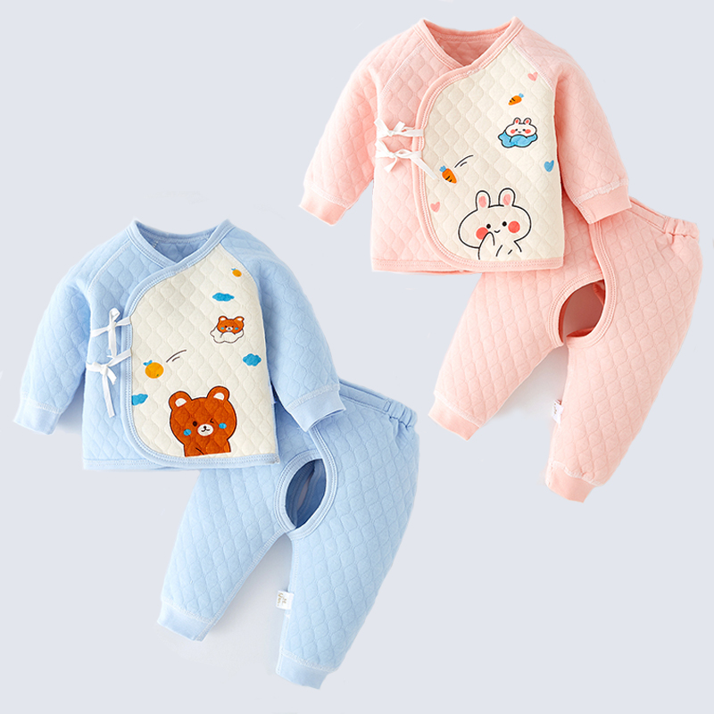 新生婴儿衣服秋冬季夹棉套装03月刚初生保暖款和尚服分体无骨内衣