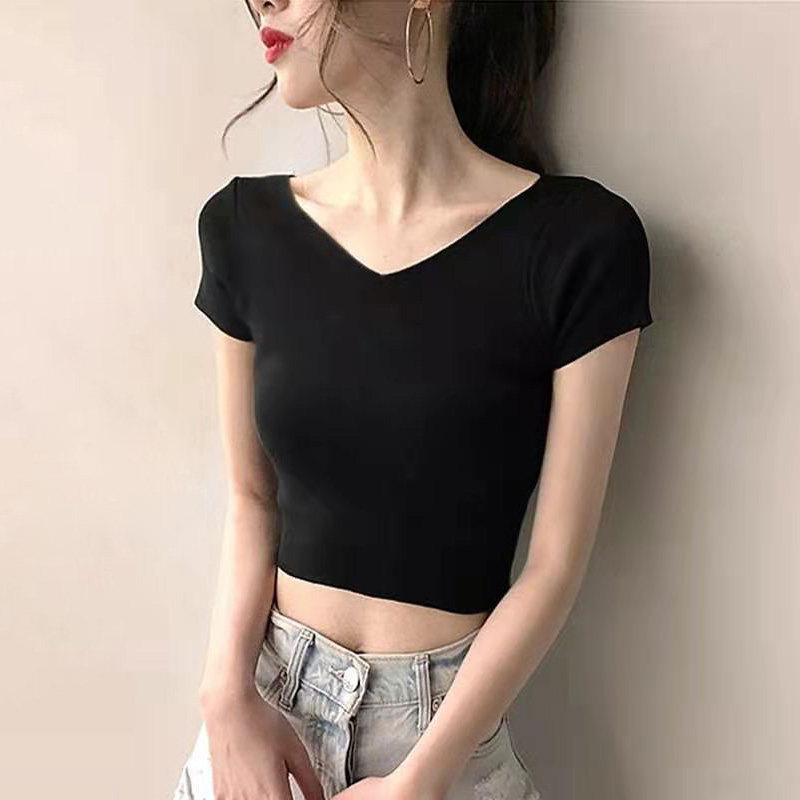 黑色v领短款t恤女短袖夏季性感露背正肩辣妹紧身高腰露脐美背上衣