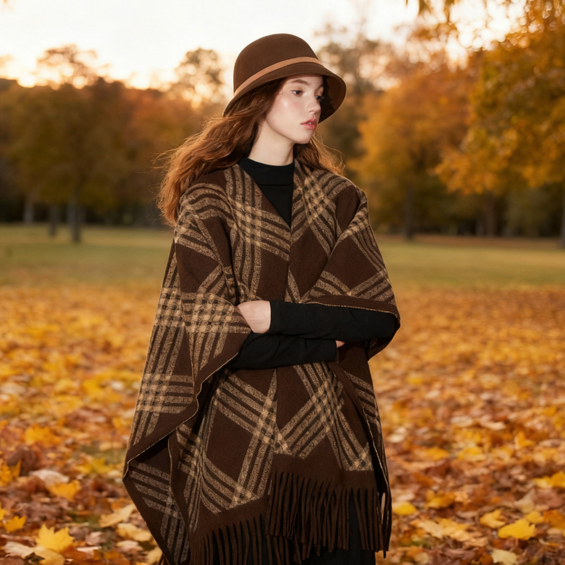 英伦风格纹大披肩冬季厚款保暖咖啡色斗篷气质高级感披风居家办公