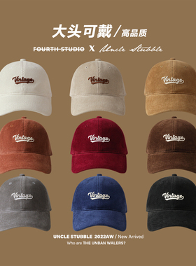 秋冬灯芯绒棒球帽胡茬叔叔原创软顶帽子大头围深帽桶鸭舌帽男女生