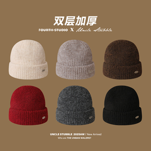 双层加厚针织帽冬季纯色保暖冷帽男女同款日系学生百搭护耳毛线帽