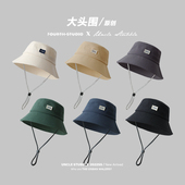 纯棉渔夫帽男韩版 中性百搭大檐素颜盆帽遮阳防晒防风绳太阳帽女生