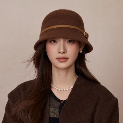 咖啡色羊毛水桶帽女生气质复古