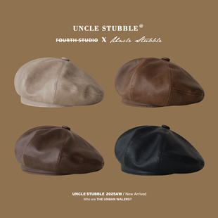 韩版 pu皮高品质贝雷帽英伦复古做旧画家帽气质时髦小众街头南瓜帽