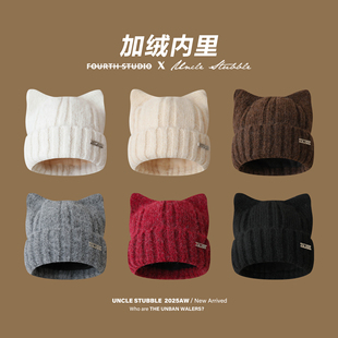 冬季厚款加绒针织帽女生韩系可爱猫耳朵毛线帽护耳帽子保暖套头帽