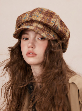胡茬叔叔原创八角帽秋冬咖啡色毛呢保暖贝雷帽文艺休闲格纹南瓜帽