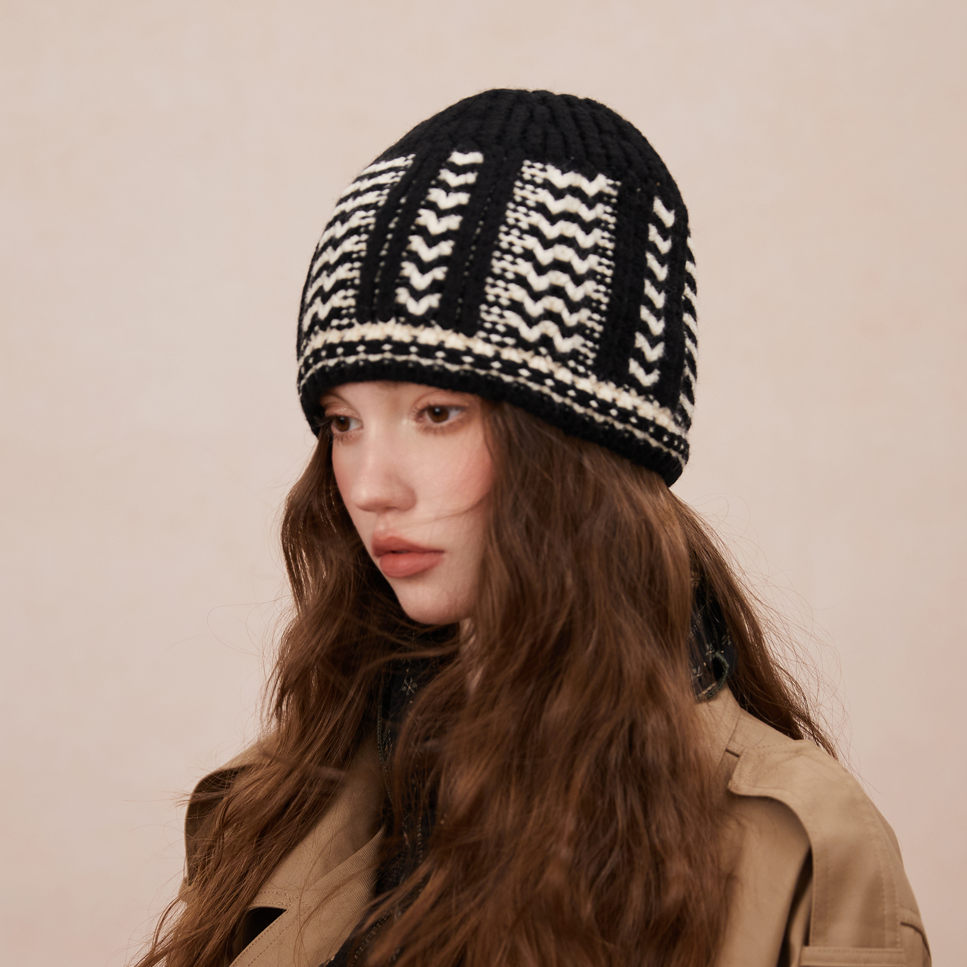 韩系小众设计针织帽复古拼色