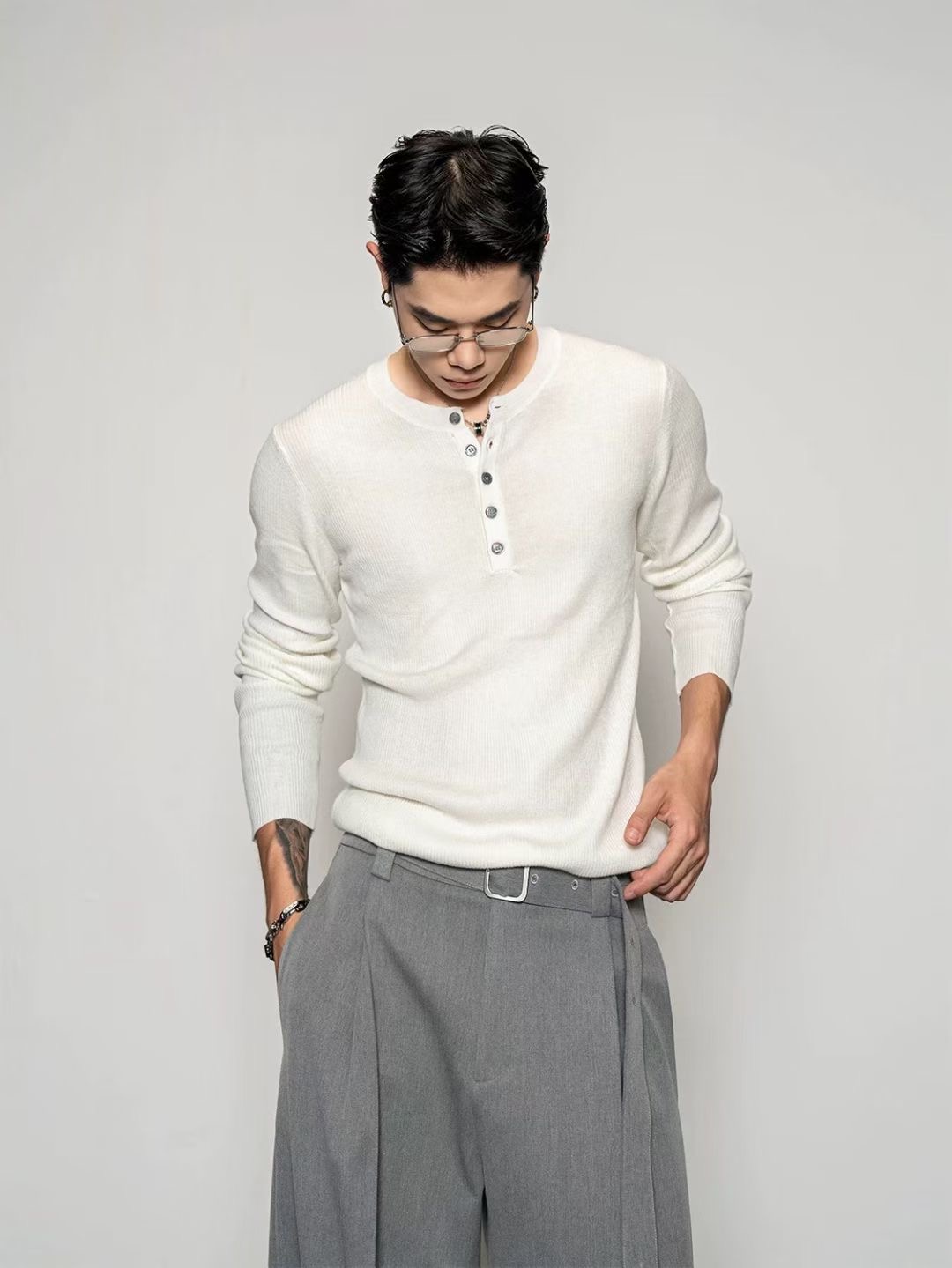 DBWDoublewin舒适感高弹透气修身亨利领针织打底衫男短款百搭上衣