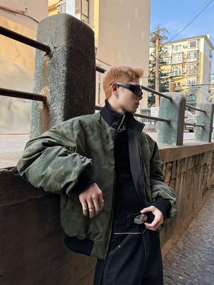 DBW Doublewi迷彩双面穿夹棉外套男冬季bomber多口袋短款飞行夹克