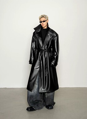 小众美式复古自带气场廓形垫肩夹棉长款光泽皮大衣冬季风衣外套潮