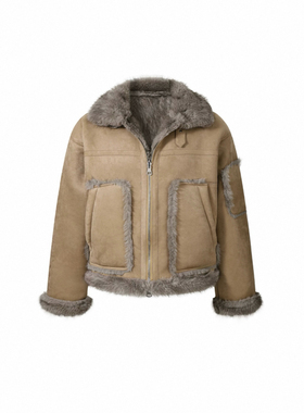 美式复古cleanfit皮毛一体羊羔毛外套男女短款夹克厚麂皮加绒外套