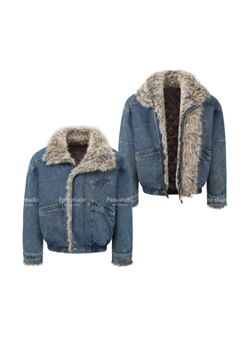 美式复古解构座山雕毛领牛仔棉服男冬季加厚保暖cleanfit短款夹克