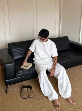 OXFREAK 「拼接线 cleanfit」A字白色牛仔裤男直筒宽松baggy裤子