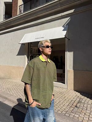 DBW Doublewin经典百搭撞色条纹Polo领短袖T恤正肩宽松打底上衣潮