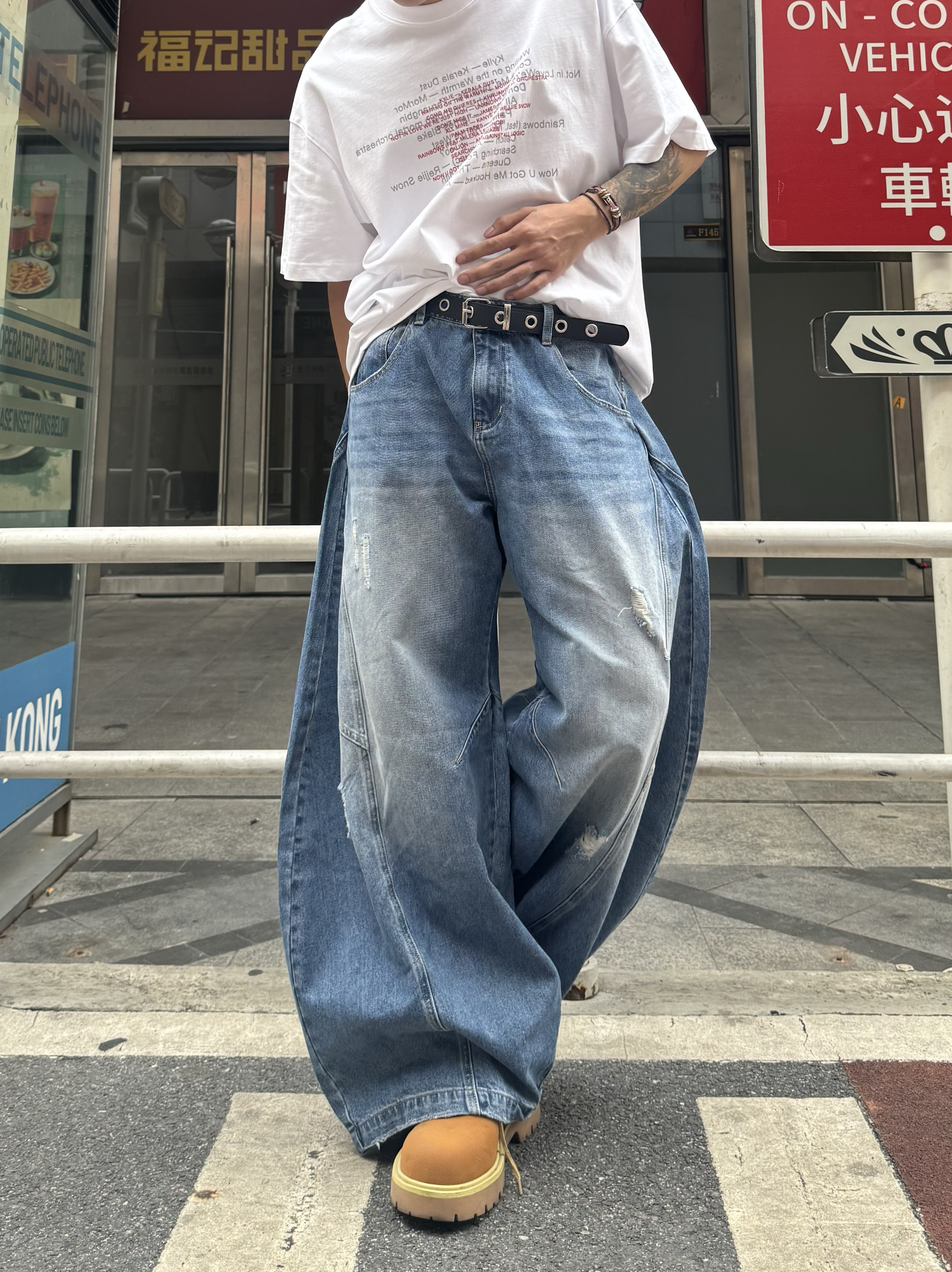 小众美式复古水洗做旧宽松直筒阔腿弯刀香蕉牛仔裤男女休闲长裤潮