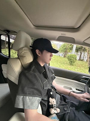 JKSPACE复古水洗做旧牛仔短袖衬衫套装男夏季宽松休闲衬衣外套潮