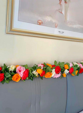 厂家精致高雅玫瑰藤条仿真绢布花朵管道遮挡婚礼场景布置假花藤蔓