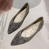 女鞋 尖头单鞋 41一43 水钻铆钉瓢鞋 大码 女夏款 平底灰色平跟2026新款