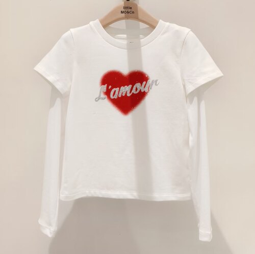 littlemoco童装26新款女童爱心烫钻假两件抑菌长袖t恤KBF3TEE025
